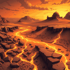 Rachaduras de ouro derretido cortam o chão do deserto