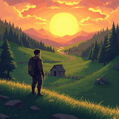 Um aventureiro olha um vale verde ao pôr do sol