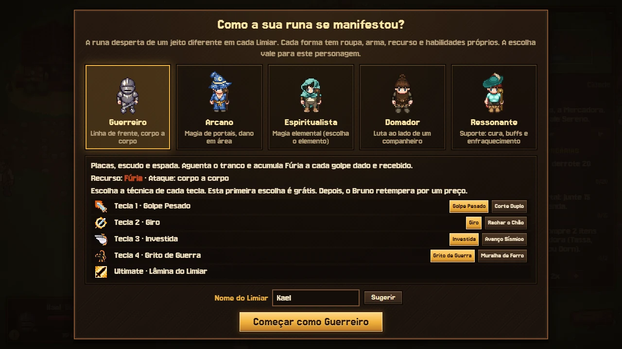 Tela de escolha de classe com Guerreiro, Arcano, Espiritualista, Domador e Ressonante